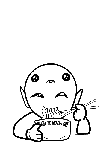 A Black And White Drawing Of A Cartoon Character Eating Ramen With Chopsticks . Sticker