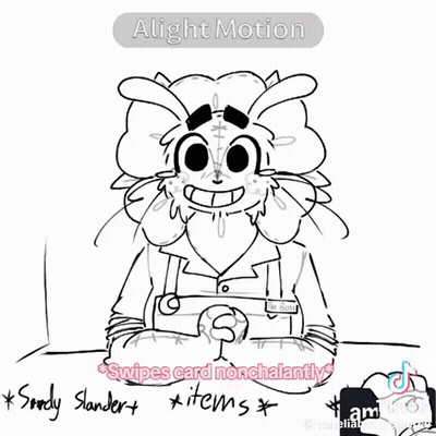 A Black And White Drawing Of A Cartoon Character Sitting At A Table With A Name Tag On It . GIF