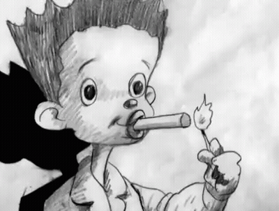 A Black And White Drawing Of A Cartoon Character Smoking A Cigarette And Holding A Lit Match . GIF