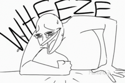 A Black And White Drawing Of A Cartoon Character With The Word Wheeze Written Above Him . GIF
