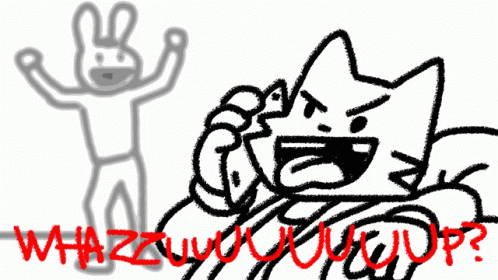 A Black And White Drawing Of A Cat And A Rabbit With The Words Whatz U Up GIF