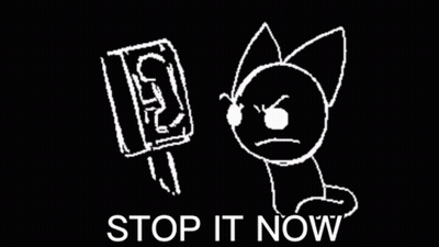 A Black And White Drawing Of A Cat And A Telephone With The Words `` Stop It Now '' Written Below It . GIF