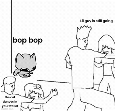 A Black And White Drawing Of A Cat Dancing In A Wallet With A Caption . GIF
