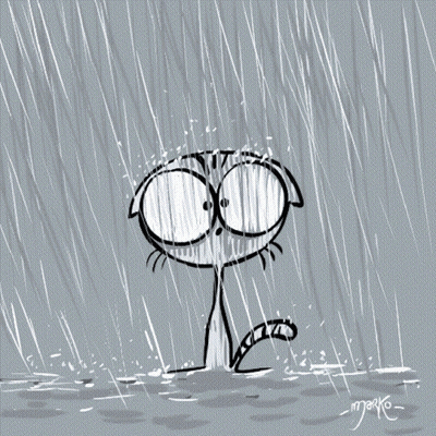 A Black And White Drawing Of A Cat In The Rain With The Name Marko On The Bottom GIF