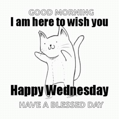 A Black And White Drawing Of A Cat Saying Good Morning I Am Here To Wish You Happy Wednesday GIF
