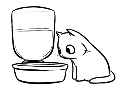 A Black And White Drawing Of A Cat Sitting Next To A Water Bowl . GIF