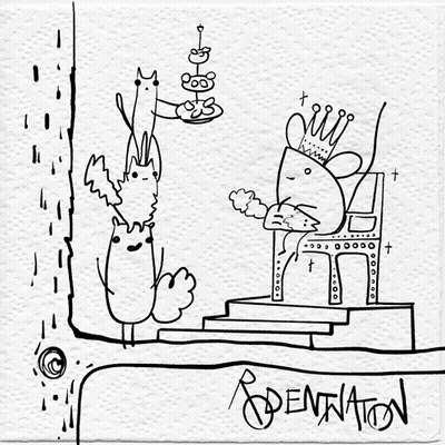 A Black And White Drawing Of A Cat With A Crown Sitting On A Throne With The Word " Dentation " Below It GIF
