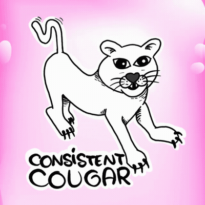 A Black And White Drawing Of A Cat With The Words Consistent Cougar Written Below It GIF