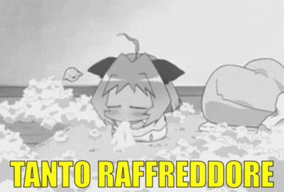 A Black And White Drawing Of A Cat With The Words " Tanto Raffreddore " Written In Yellow GIF