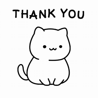 A Black And White Drawing Of A Cat With The Words `` Thank You '' Written Above It . GIF