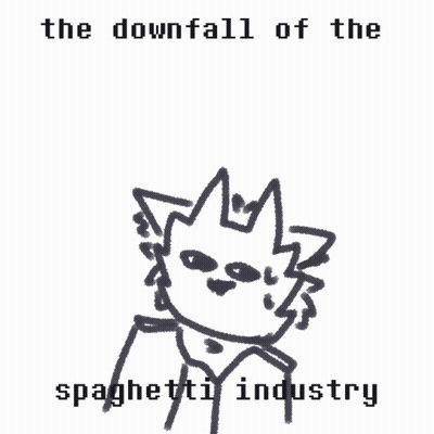 A Black And White Drawing Of A Cat With The Words " The Downfall Of The Spaghetti Industry " GIF