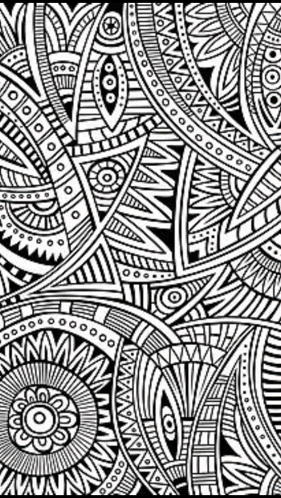 a black and white drawing of a circular pattern with eyes and leaves