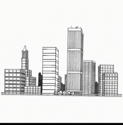A Black And White Drawing Of A City Skyline With A Lot Of Tall Buildings GIF