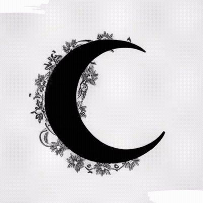 A Black And White Drawing Of A Crescent Moon With Flowers And Leaves Around It GIF