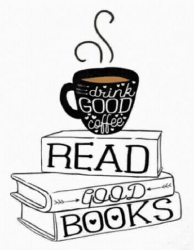 A Black And White Drawing Of A Cup Of Coffee Sitting On Top Of A Stack Of Books . GIF