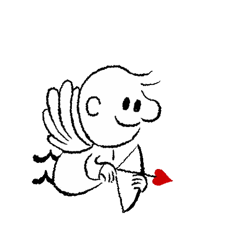 A Black And White Drawing Of A Cupid With The Letter C On His Head GIF