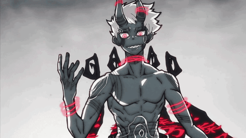 A Black And White Drawing Of A Demon With Red Eyes And A Red Ribbon Around His Neck GIF
