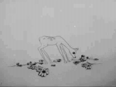 A Black And White Drawing Of A Dinosaur 'S Foot With Flowers On The Ground . GIF