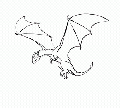 A Black And White Drawing Of A Dragon Flying GIF