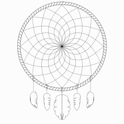 A Black And White Drawing Of A Dream Catcher With Feathers Attached To It GIF
