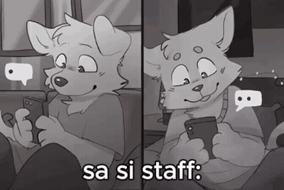 a black and white drawing of a furry looking at a cell phone with the words sa si staff written below it