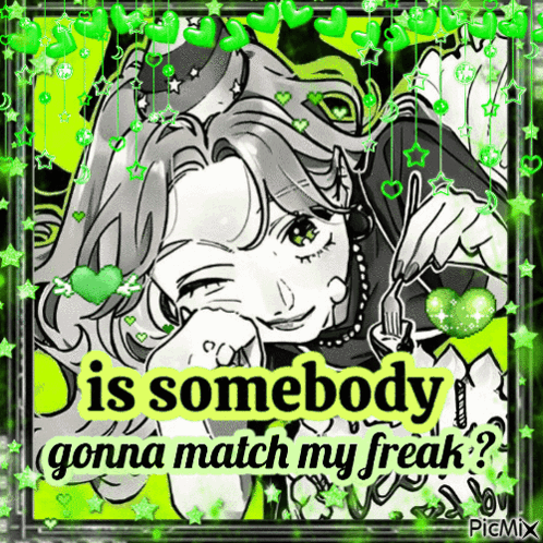 A Black And White Drawing Of A Girl And A Frog With The Words Is Somebody Gonna Match My Freak GIF