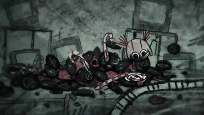 A Black And White Drawing Of A Girl Laying On A Pile Of Candy Canes GIF
