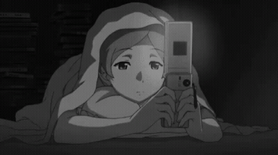 A Black And White Drawing Of A Girl Laying Under A Blanket Holding A Cell Phone GIF