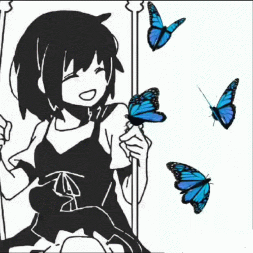 A Black And White Drawing Of A Girl On A Swing With Blue Butterflies GIF