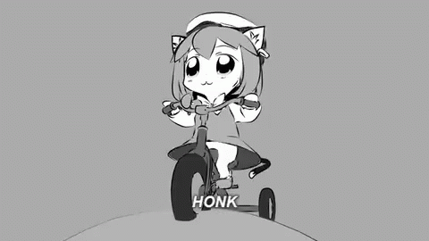 A Black And White Drawing Of A Girl Riding A Tricycle With Honk Written On The Side . GIF