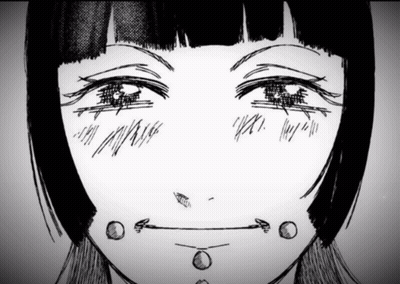A Black And White Drawing Of A Girl 'S Face With A Smiley Face GIF