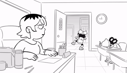 A Black And White Drawing Of A Girl Sitting At A Desk With A Clock On The Wall GIF