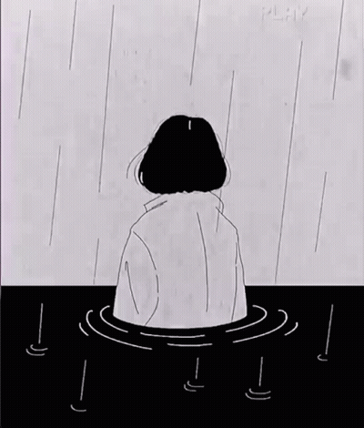 A Black And White Drawing Of A Girl Sitting In The Water In The Rain . GIF