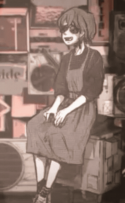 A Black And White Drawing Of A Girl Sitting On A Stool . GIF
