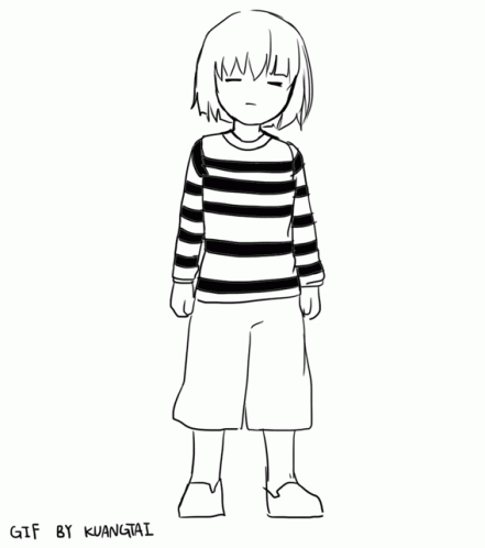A Black And White Drawing Of A Girl Wearing A Striped Sweater And Shorts . GIF
