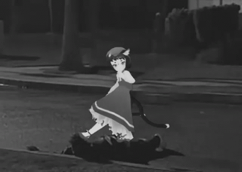 A Black And White Drawing Of A Girl With A Cat Tail Walking Down A Street GIF