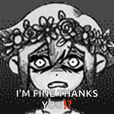 A Black And White Drawing Of A Girl With A Flower Crown On Her Head Says I 'M Fine Thanks You ? GIF