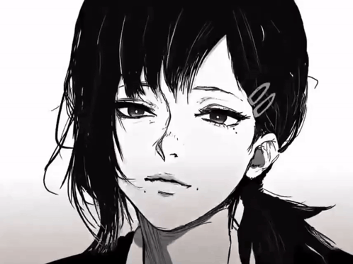 a black and white drawing of a girl with hair pins in her hair