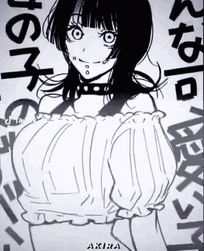 A Black And White Drawing Of A Girl With Huge Breasts And A Choker . GIF