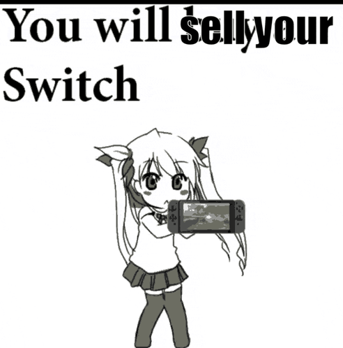 A Black And White Drawing Of A Girl With Pigtails Holding A Nintendo Switch GIF