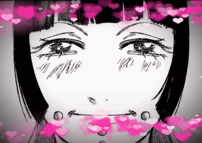 A Black And White Drawing Of A Girl With Pink Hearts Around Her Face GIF