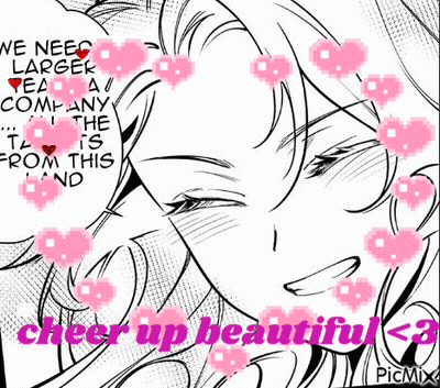 A Black And White Drawing Of A Girl With Pink Hearts Around Her Head And The Words `` We Need Larger Tea Company '' . GIF