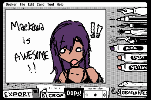 A Black And White Drawing Of A Girl With Purple Hair And The Words Maekawa Is Awesome GIF