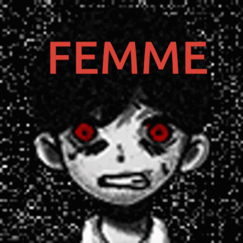 A Black And White Drawing Of A Girl With Red Eyes And The Word Femme In Red Letters GIF