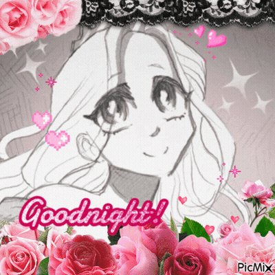 A Black And White Drawing Of A Girl With The Words Goodnight On It GIF