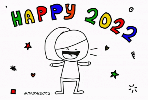 A Black And White Drawing Of A Girl With The Words Happy 2022 GIF