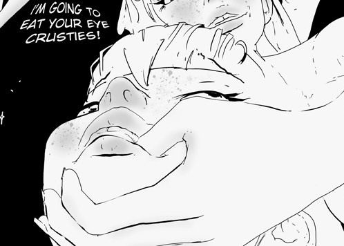 A Black And White Drawing Of A Girl With The Words " I 'M Going To Eat Your Crusties " Behind Her GIF