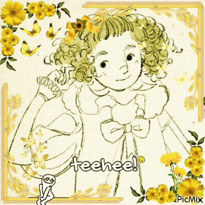A Black And White Drawing Of A Girl With The Words Teehee On The Bottom GIF