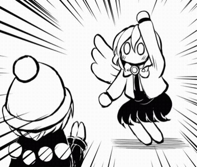 A Black And White Drawing Of A Girl With Wings And A Boy In A Hat . GIF