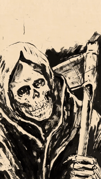 A Black And White Drawing Of A Grim Reaper With A Scythe GIF